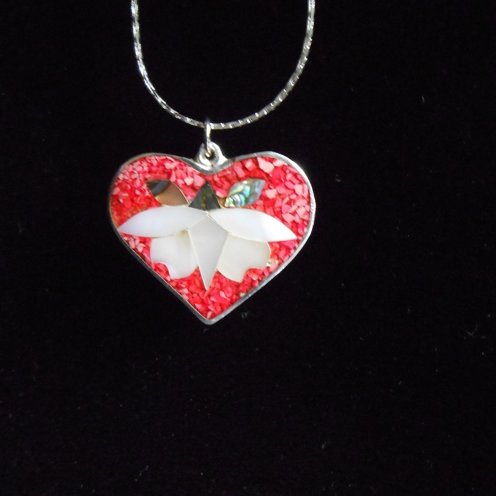 Silver and Abalone Heart and Flower Pendant